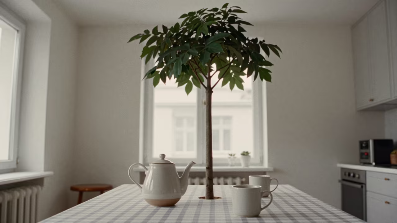 Surreal Tea Set with Giant Tree Flower in Berlin Kitchen in in a cozy kitchen in Tempelhof, Berlin