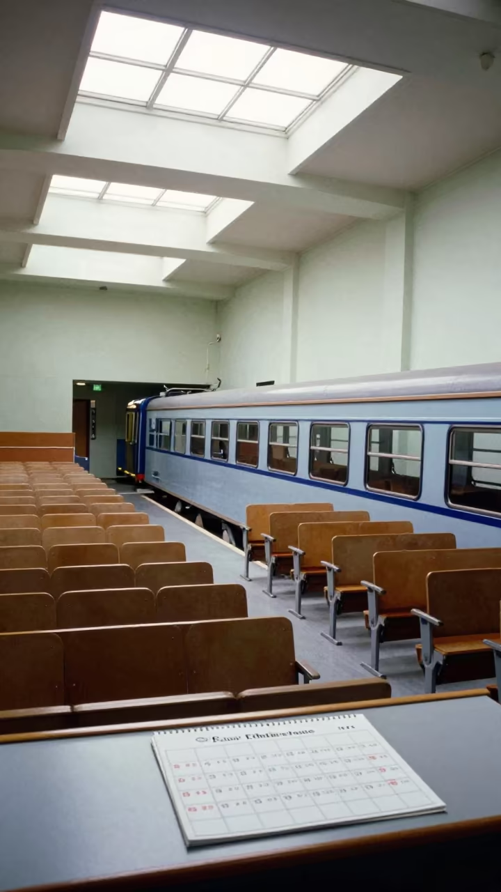 Surreal Teacher Calendar with Train in Hall in in a lecture hall before the crowd arrives near Fort-de-France