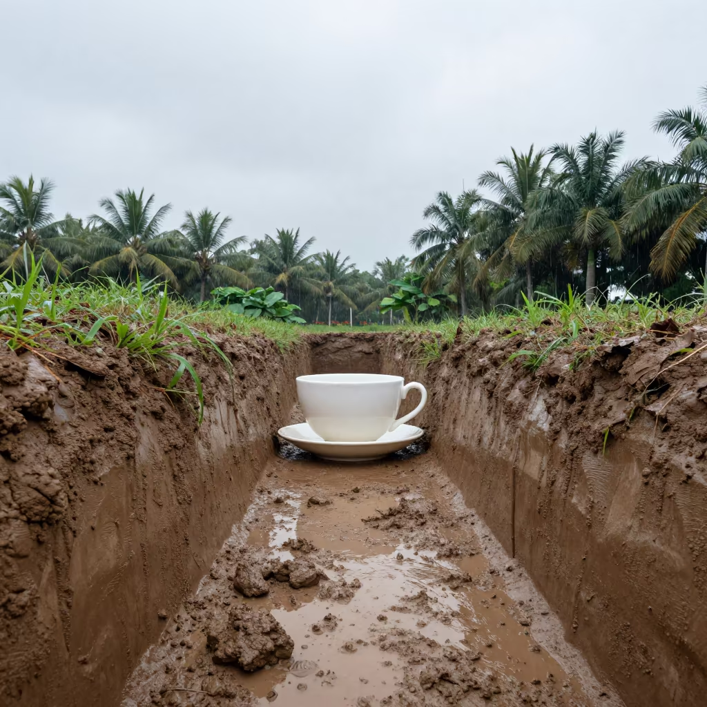 Surreal Teacup in Military Trench Mud in beside a convoy halt on open ground in Da Nang