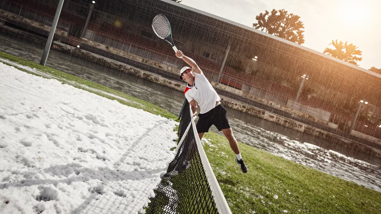 Surreal Tennis Smash Bizerte Riverbank Rain in by a riverbank near Bizerte