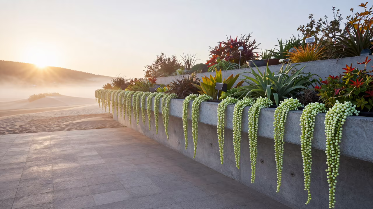 Surreal Terraced Garden with Pearl Plant and Sand Floor in among terraced garden plots near Stavanger