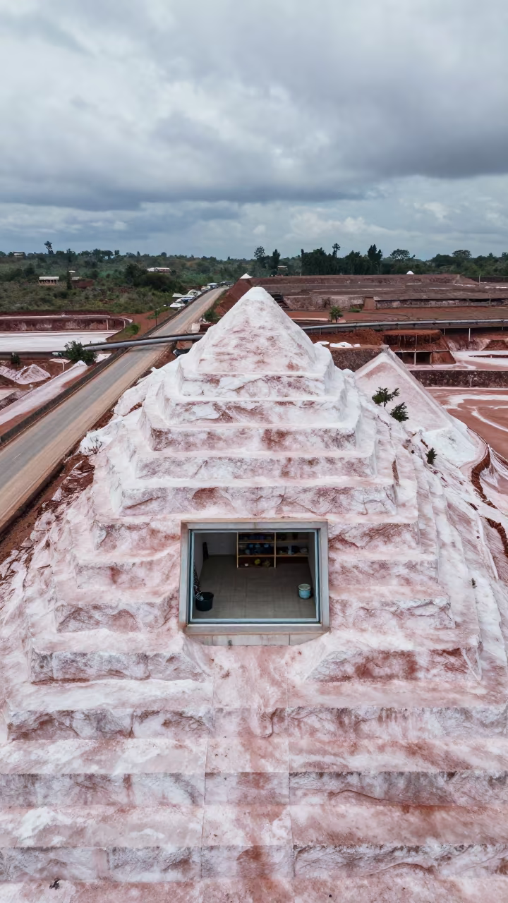 Surreal Terraced Salt Mine Drone View in along a service road lined with pipes near Jos