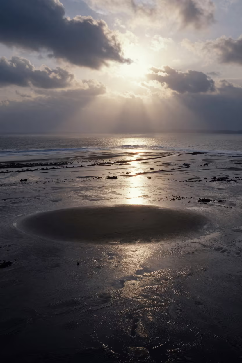 Surreal Tidal Flat Shadow Pattern Xiamen Sunrise in far above surf-scalloped coastline near Xiamen