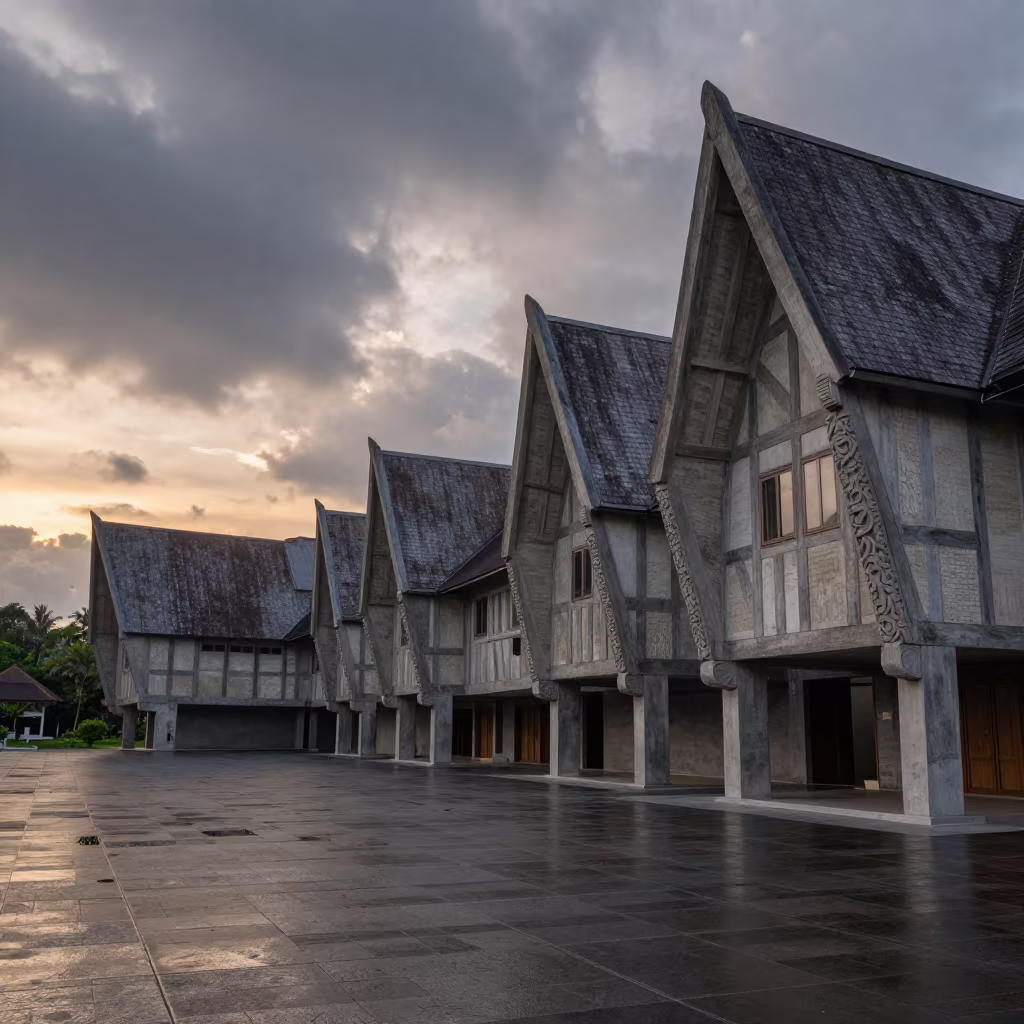 Surreal Timber Facade Corridor Sumatra Plaza in across a formal civic plaza in Sumatra