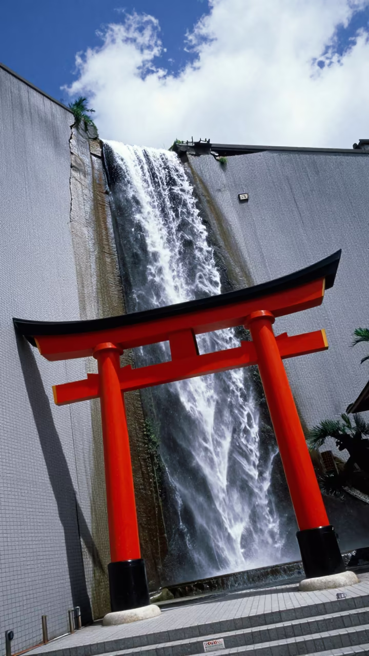 Surreal Torii Gate Autumn Waterfall Tokyo in inside a tiled stair hall near Tsukiji, Tokyo