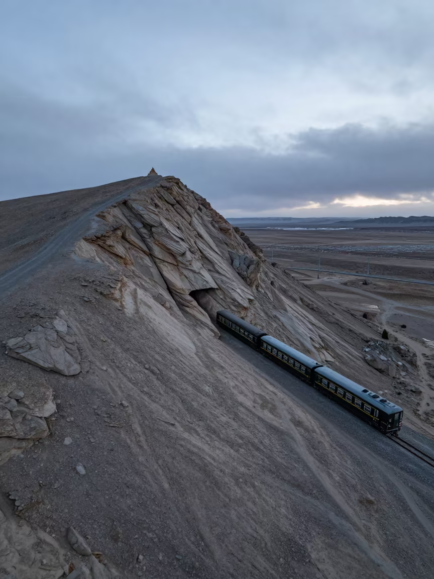 Surreal Train Car Amid Desert Switchbacks in beside a summit cairn above the tree line near Lhasa