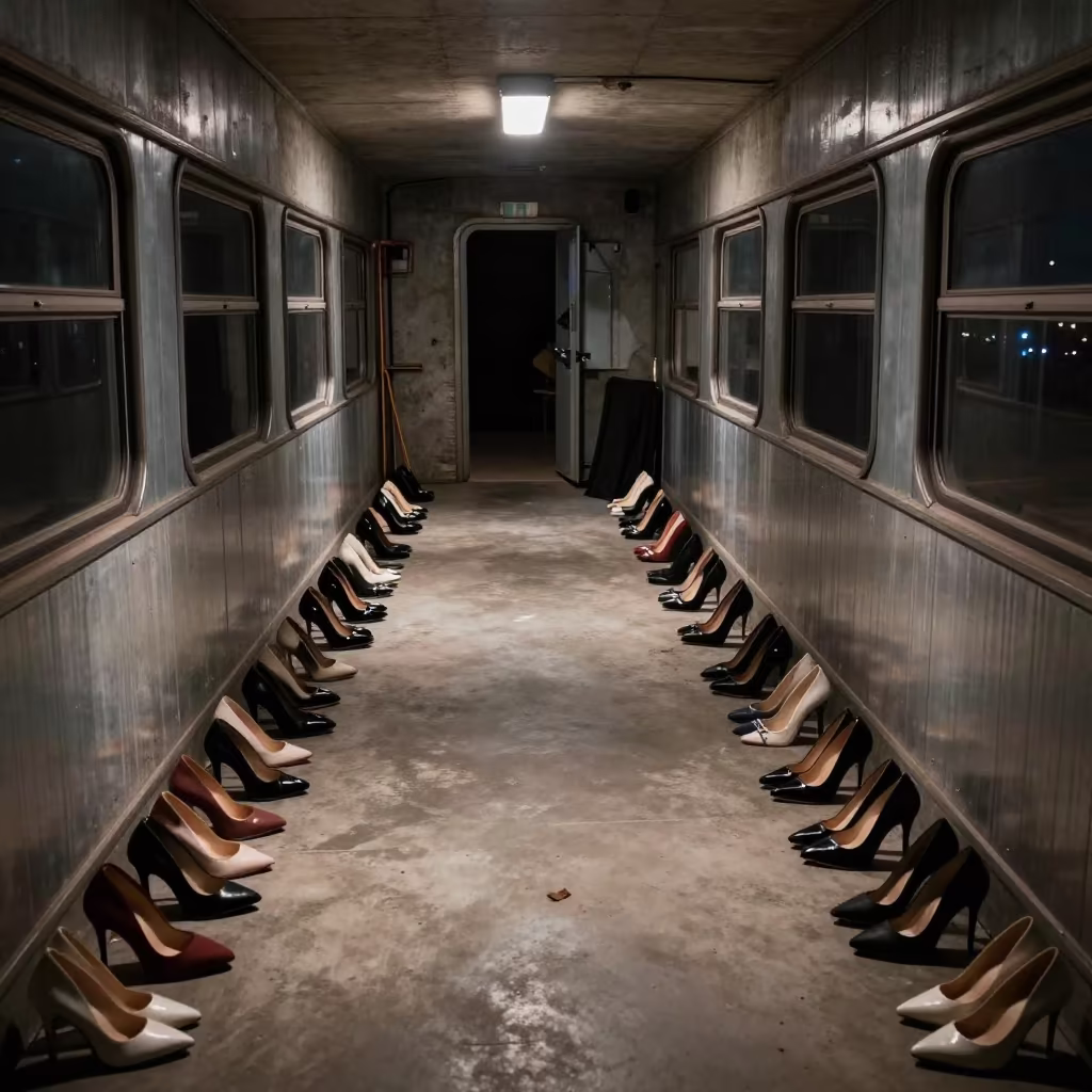 Surreal Train Car Embedded Fashion Runway Shoes in under runway rehearsal lights in Friedrichshain, Berlin