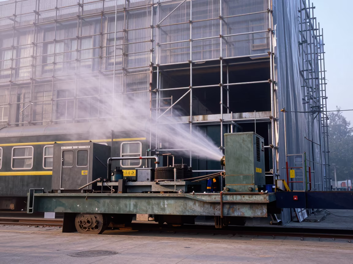 Surreal Train Car Embedded in Jinan Scaffold in along a scaffolded facade in Jinan