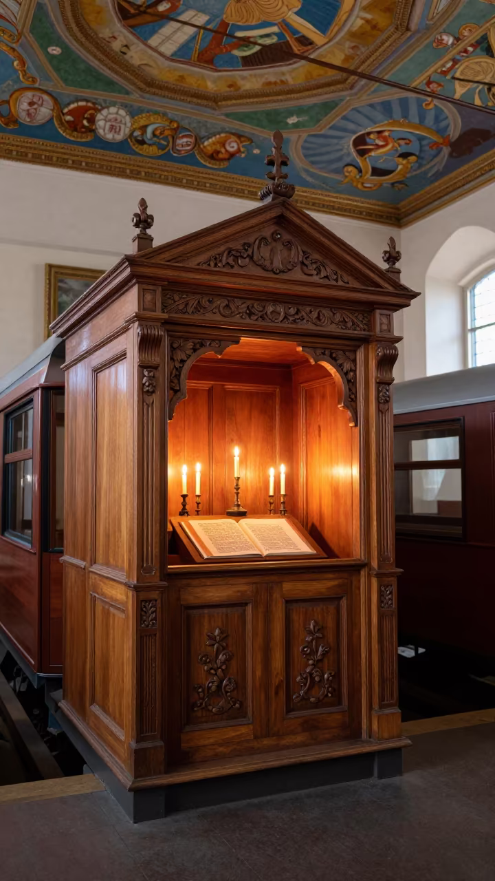 Surreal Train Car Inside Bremen Synagogue Ark in beneath a painted synagogue ceiling in Bremen