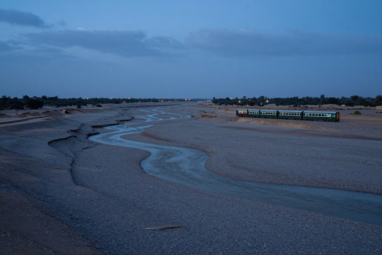 Surreal Train Car in Mali Riverbed Twilight in across a floodplain after rain in Mali