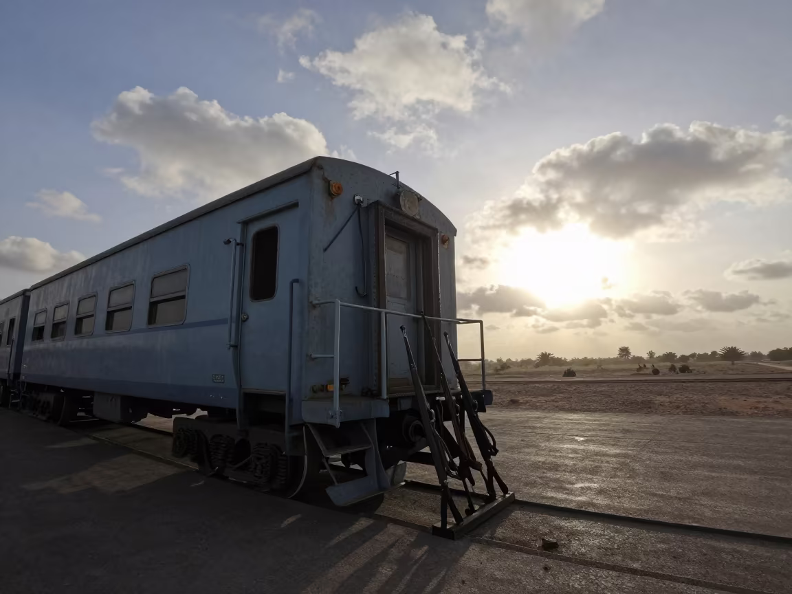 Surreal Train Car on Niger Naval Deck at Dawn in on a naval deck in rough wind in Niger