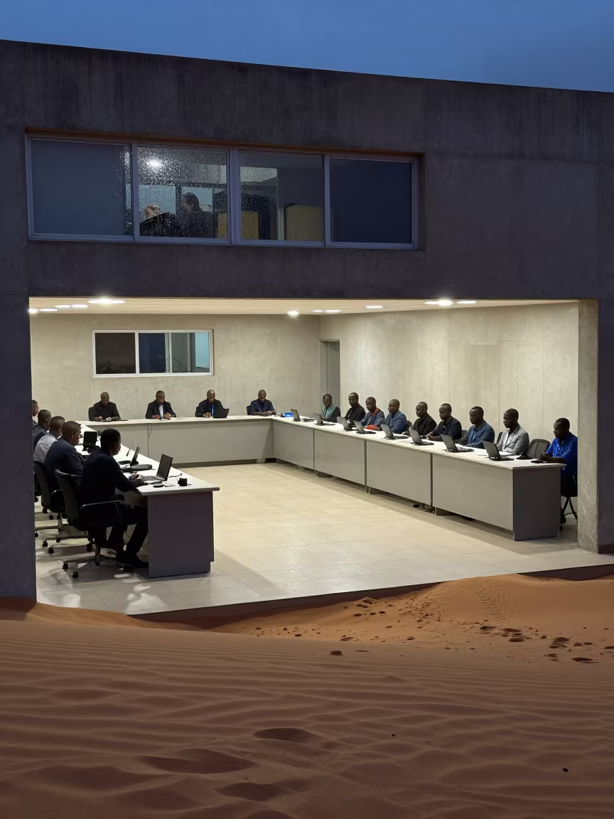 Surreal Training Station Sand Floor Kampala in in an operations center under monitor glow in Kampala