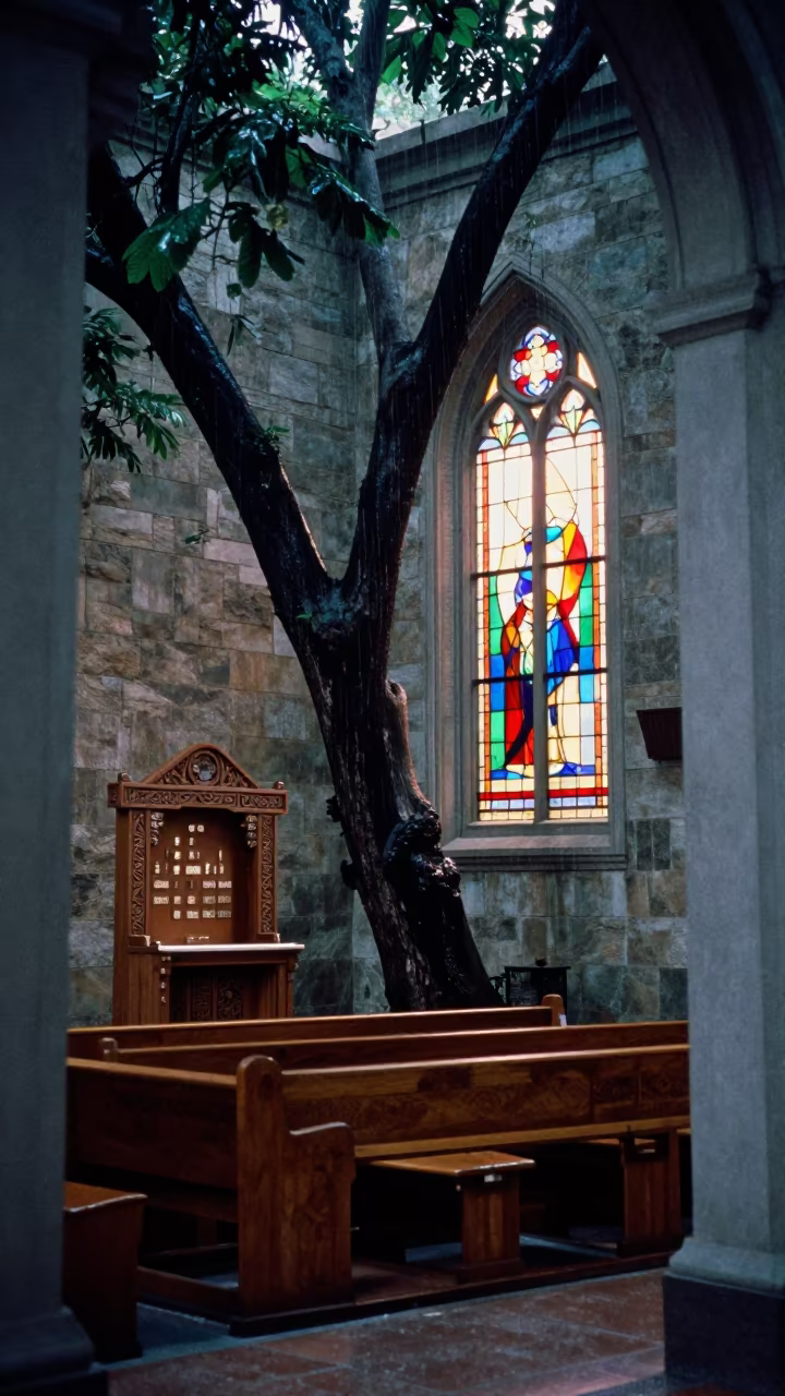Surreal Tree Light in Lilongwe Synagogue in beside a carved Torah ark in Lilongwe