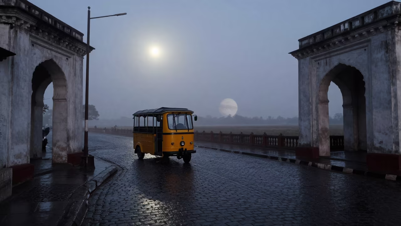 Surreal Trolley Night with Ringed Planet Horizon in in India
