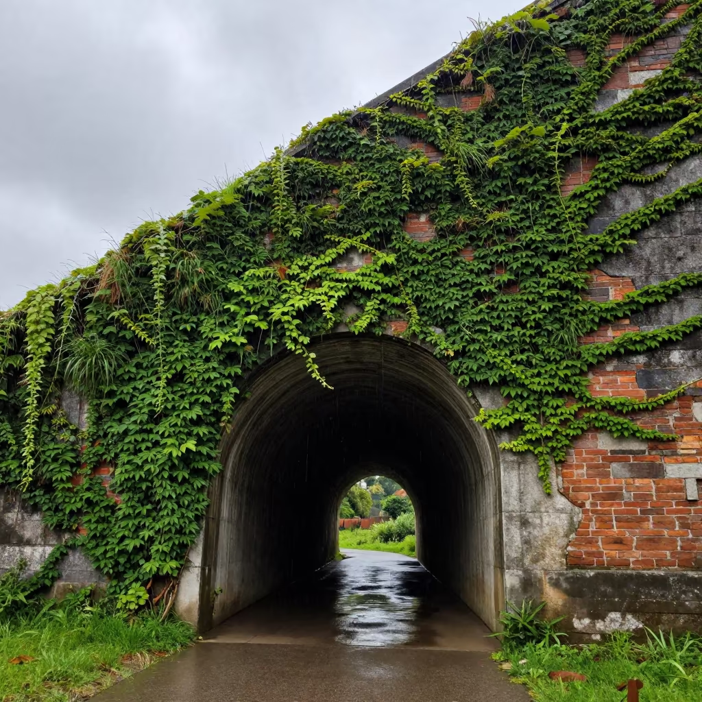 Surreal Tunnel Mouth Nature Reclaiming Brick Salvador in beside ivy-draped masonry near Salvador