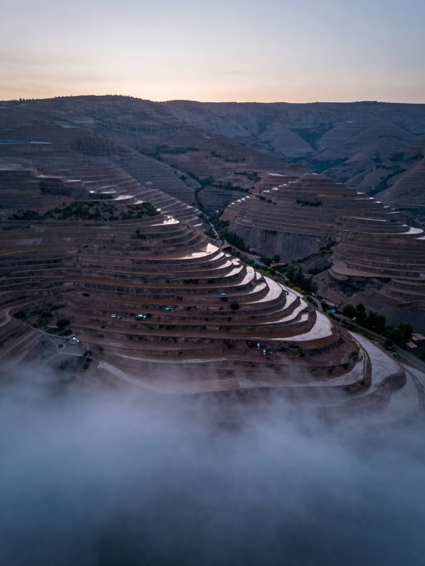 Surreal Twilight Drone View Over Kunduz Hills in far above terraced hillsides near Kunduz