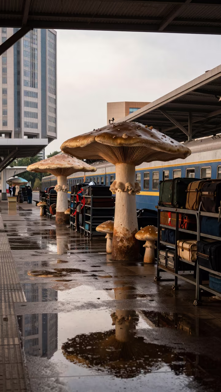 Surreal Umbrella Mushrooms in Train Terminal Puddle in inside a restored train terminal near Faiyum