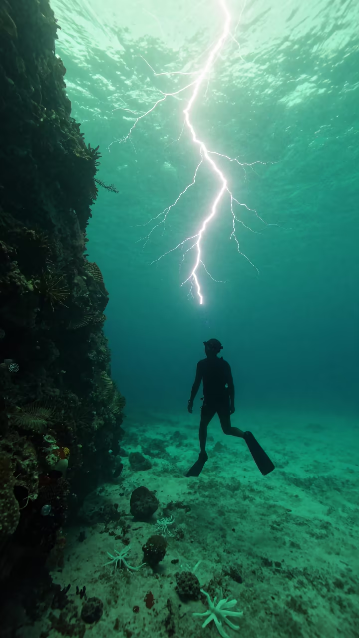 Surreal Underwater Lightning Over Zanzibar Reef in beside a reef crevice under clear water near Zanzibar
