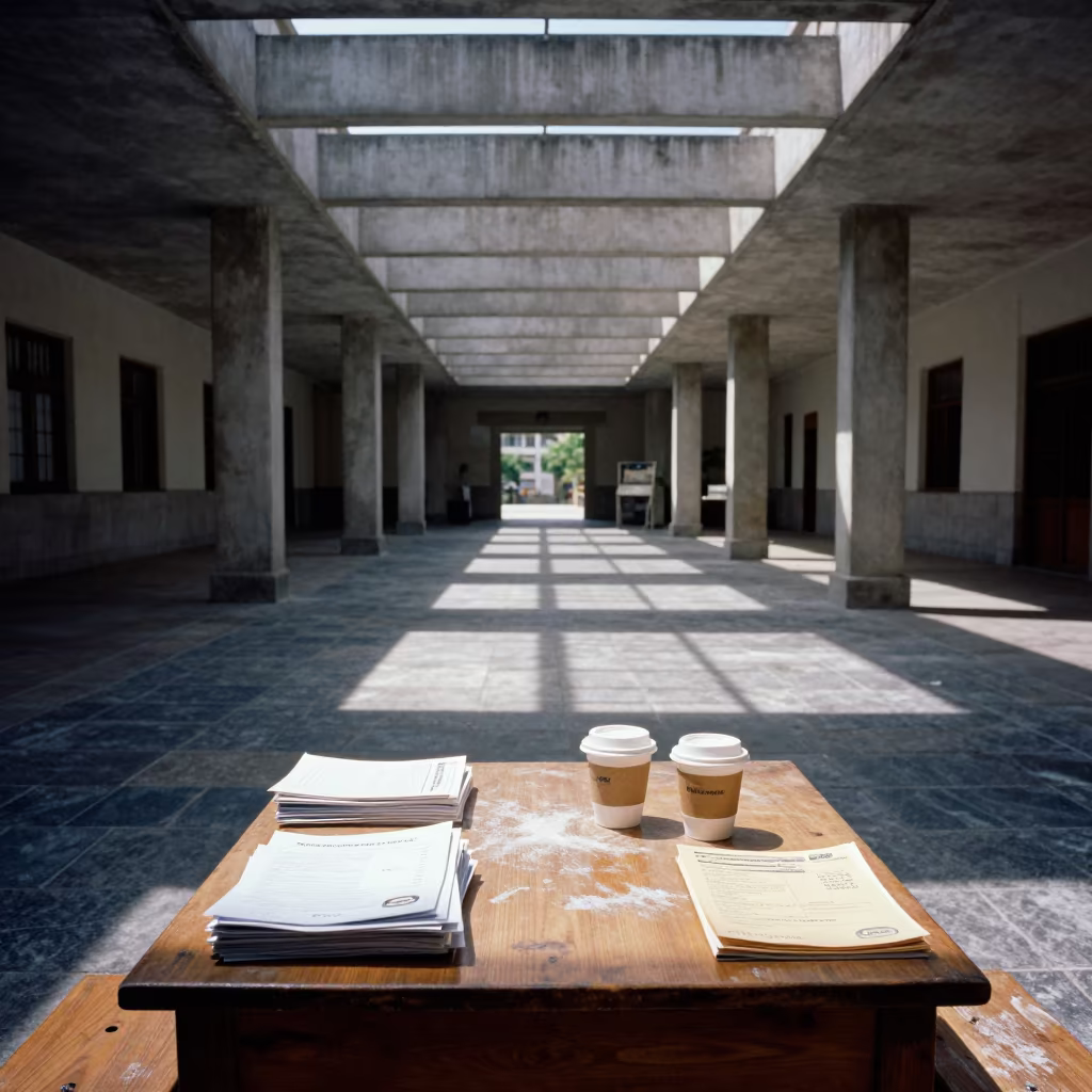 Surreal University Cloister Coffee and Course Piles in beneath a university cloister in Beira