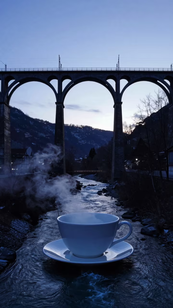 Surreal Viaduct Silhouette Blue Hour Switzerland in beside a bridge pier above moving water in Switzerland
