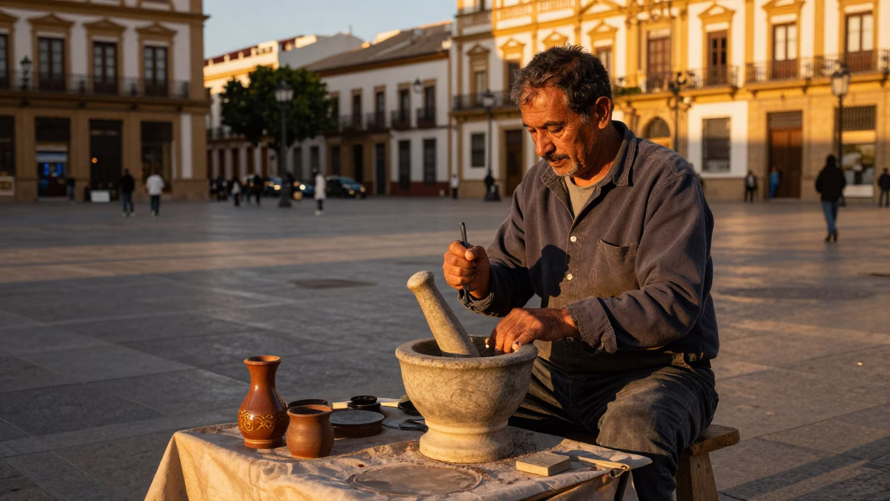 Surreal Vintage Valencia Street Scene with Mortar and Pestle at Sunset in in Valencia, Spain