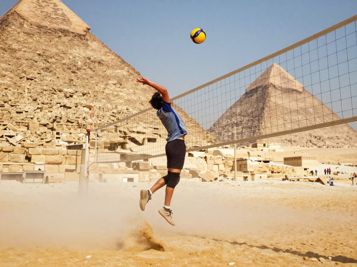 Surreal Volleyball Spike on Giza Hillside in on a hillside near Giza