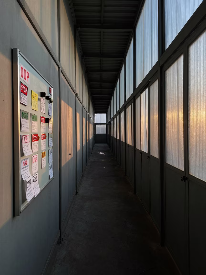 Surreal Warehouse Lane Board at Dawn in Jiufen in inside a warehouse aisle in Jiufen, Taipei