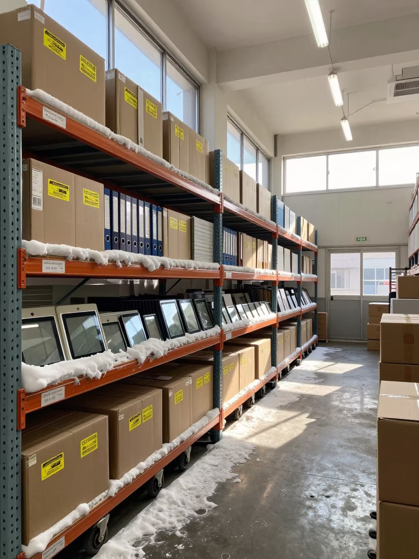 Surreal Warehouse Shelf Snow and Sun in inside a warehouse aisle in Fukuoka