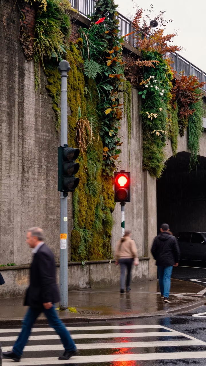 Surreal Warsaw Crosswalk Timer Amidst Sideways Greenery in beneath a flickering underpass light in Warsaw