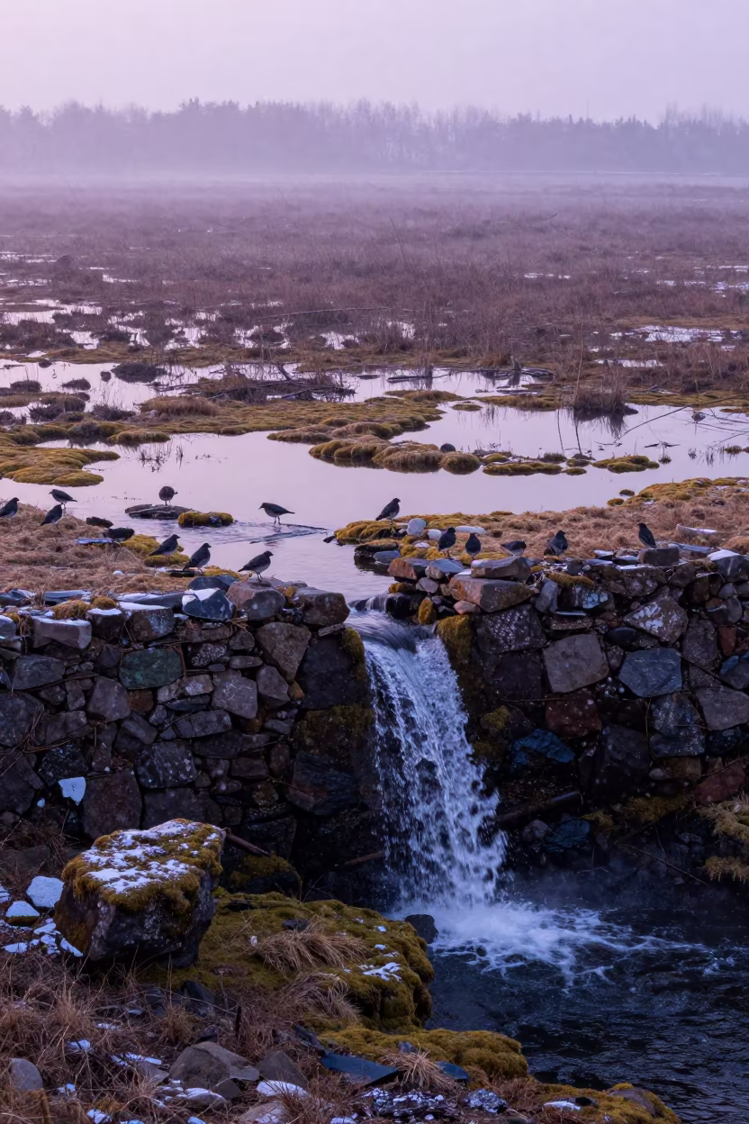 Surreal Waterfall in Morning Mist in along a wave-cut shoreline in China