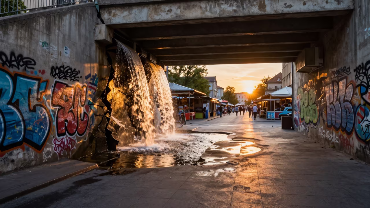 Surreal Waterfall Pours from Underpass Wall in along a market-lined side street in Ujlipotvaros, Budapest