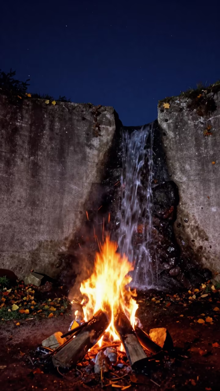 Surreal waterfall flows from wall beside campfire in beneath a dark-sky overlook in Brittany