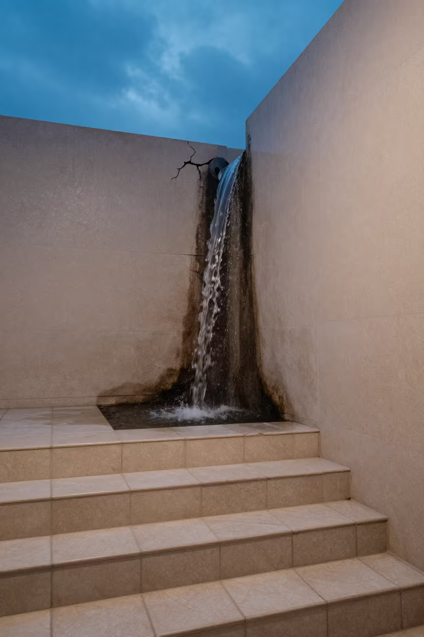 Surreal Waterfall from Wall in Xi'an Tiled Hall in inside a tiled stair hall in Xian