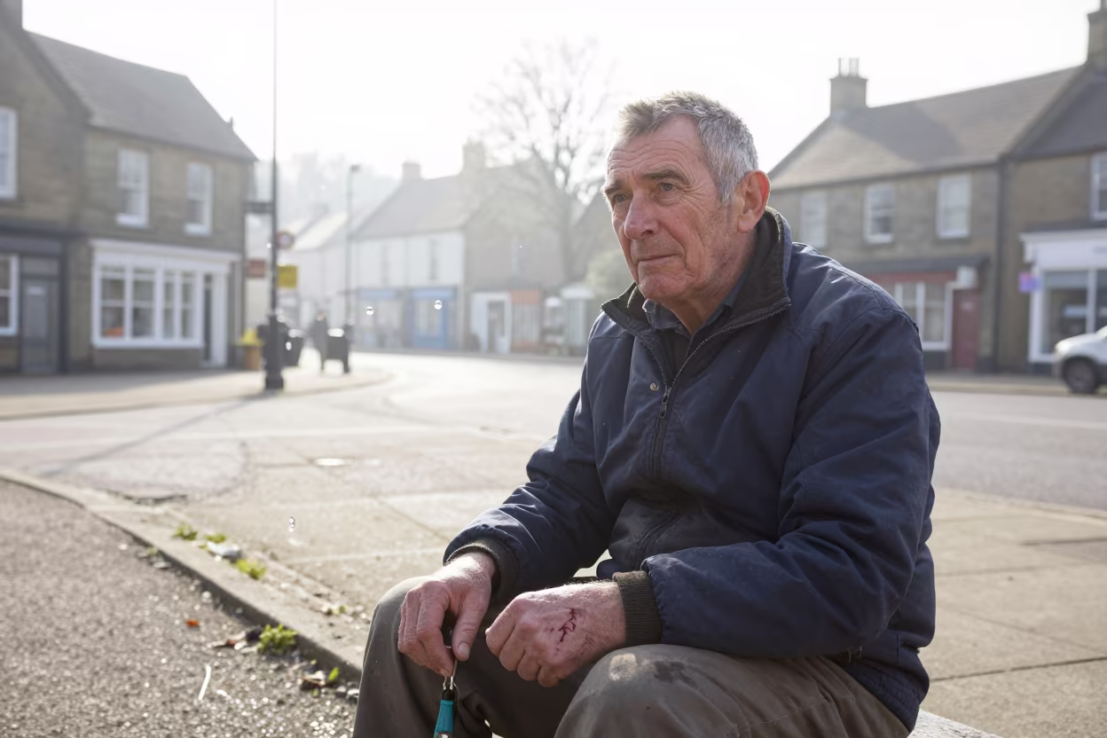 Surreal Portrait of Weathered Fisherman with Frozen Water in at the edge of a village square near Sheffield