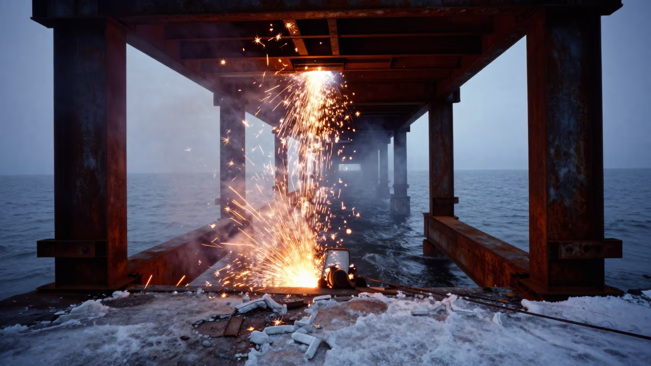 Surreal Welding Sparks Under Bridge in Frozen North in inside a taped-off excavation edge in Northwest Territories