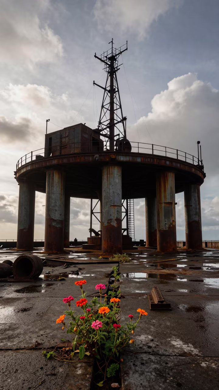 Surreal Whaling Ruin Flowers Bloom in among toppled columns and nettles in Thailand