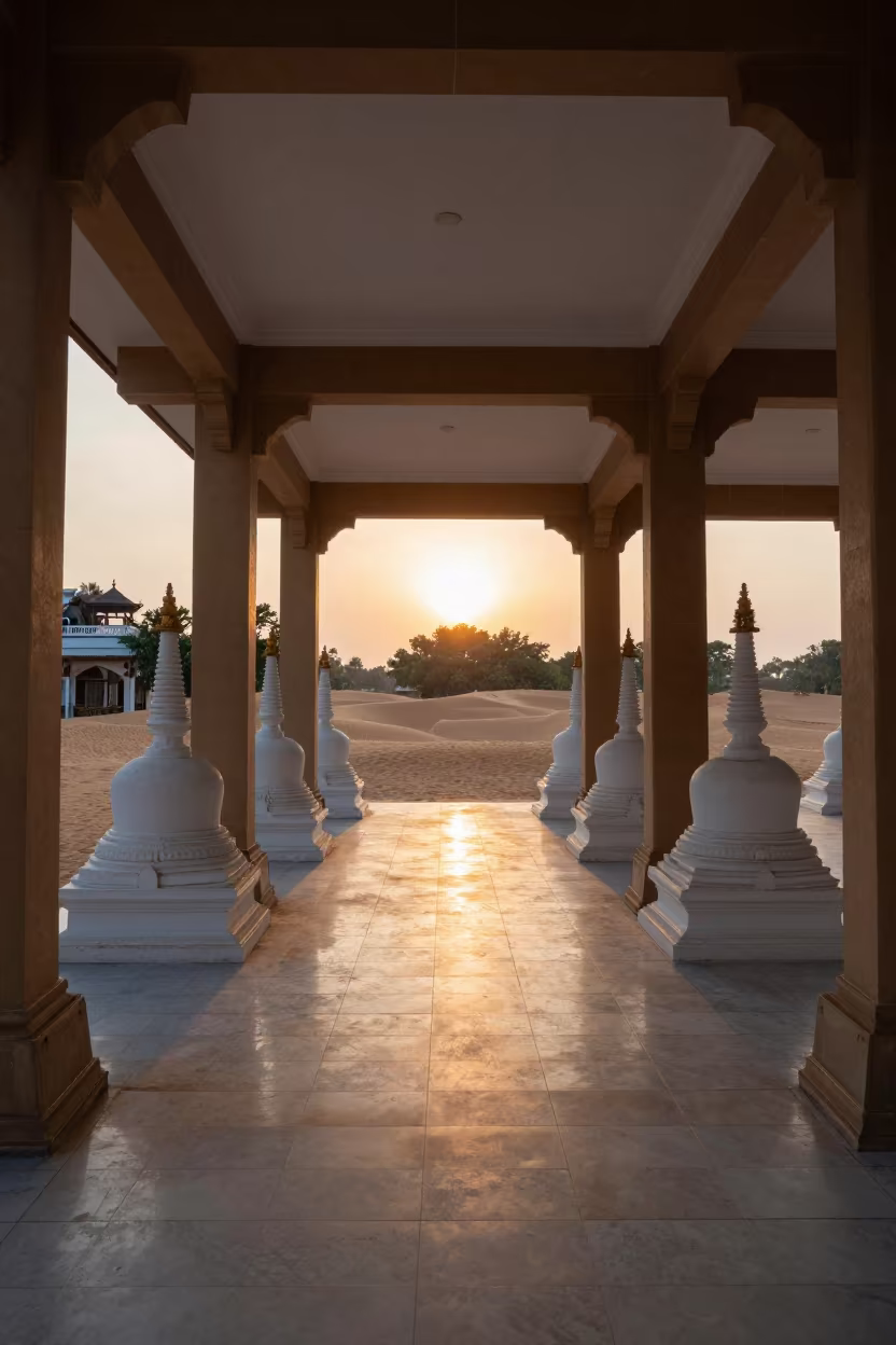 Surreal White Stupas in Mandalay Mosque in in a mosque prayer hall in Mandalay