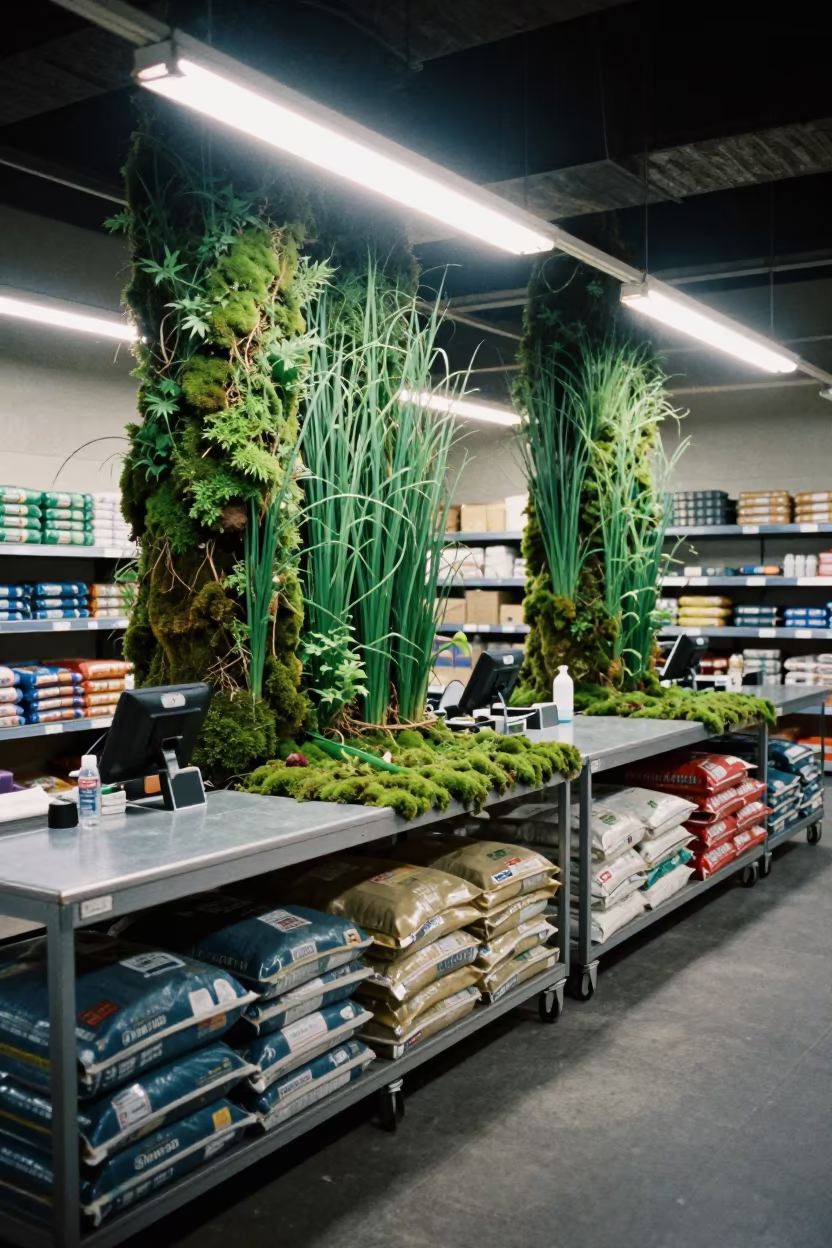 Surreal Wholesale Checkout With Sideways Moss Growth in at a cash wrap counter with bags stacked nearby near Aqaba