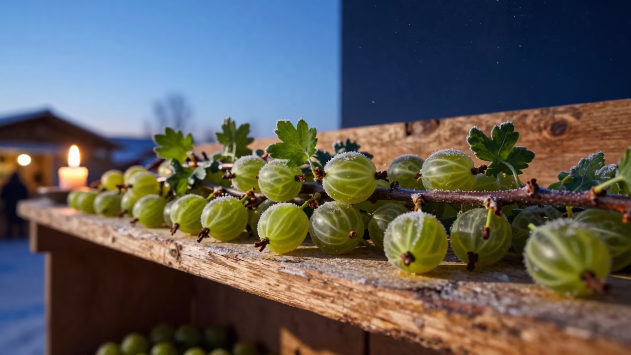 Surreal Winter Gooseberry Market Shelf in on a wooden shelf inside a covered market near Chelyabinsk