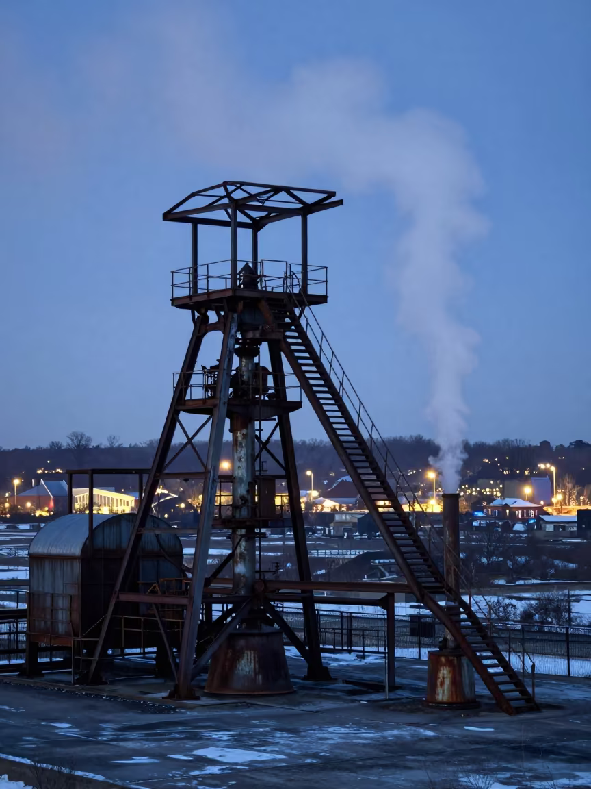 Surreal Winter Mine Headframe Twilight in beside exposed structural steel near Detroit