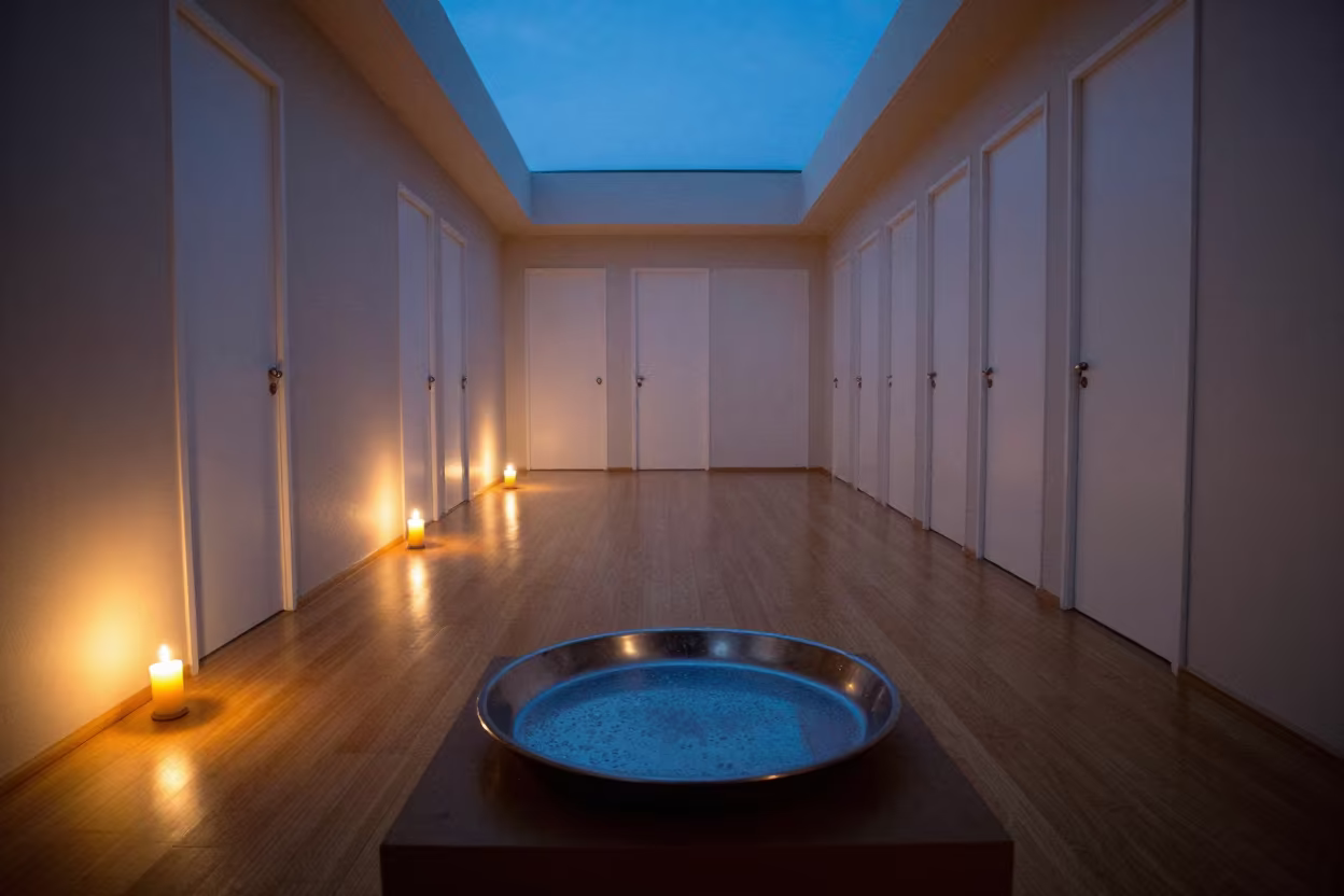 Surreal Yoga Studio Corridor with Percussion Tray in inside a yoga studio before the session begins in Toyama