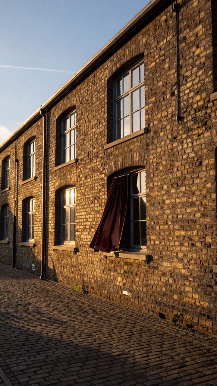 Surrey Quays Sunset View with Curtain Lifting and Vintage London Street Scene in in London, United Kingdom