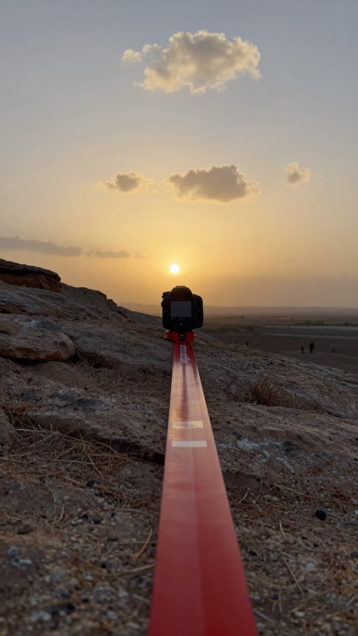 Survey Line on Tehran Outcrop at Sunset in along a rocky geology outcrop near Tehran