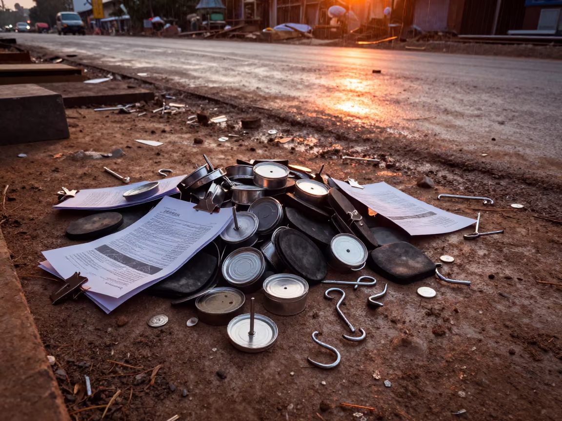 Survey Nail Tin on Muddy Road at Sunset in at a muddy site access road near Old Market, Phnom Penh