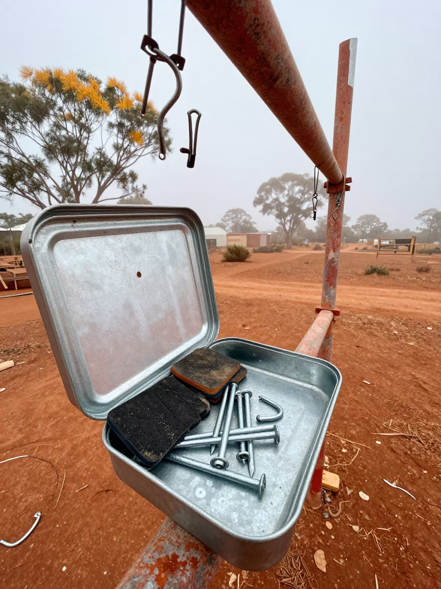 Survey Nail Tin on Outback Scaffold in Autumn Fog in along a scaffolded facade in the Outback