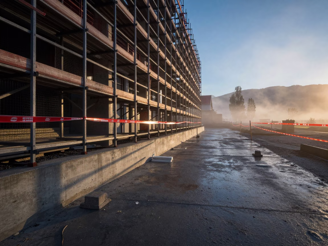 Survey Point on Wanaka Scaffold at Blue Hour in along a scaffolded facade near Wanaka