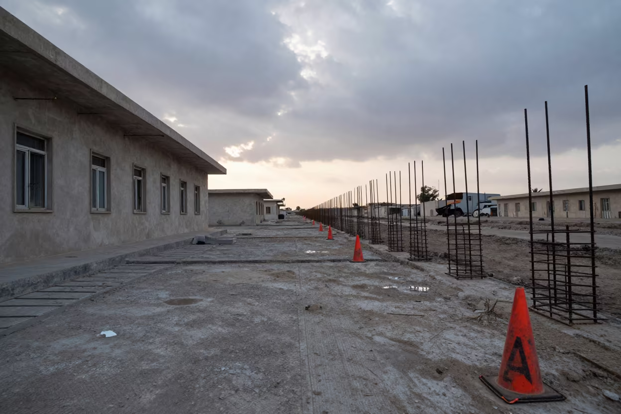 Survey Prism Case at Dawn in Benghazi in beside a framed building shell near Benghazi