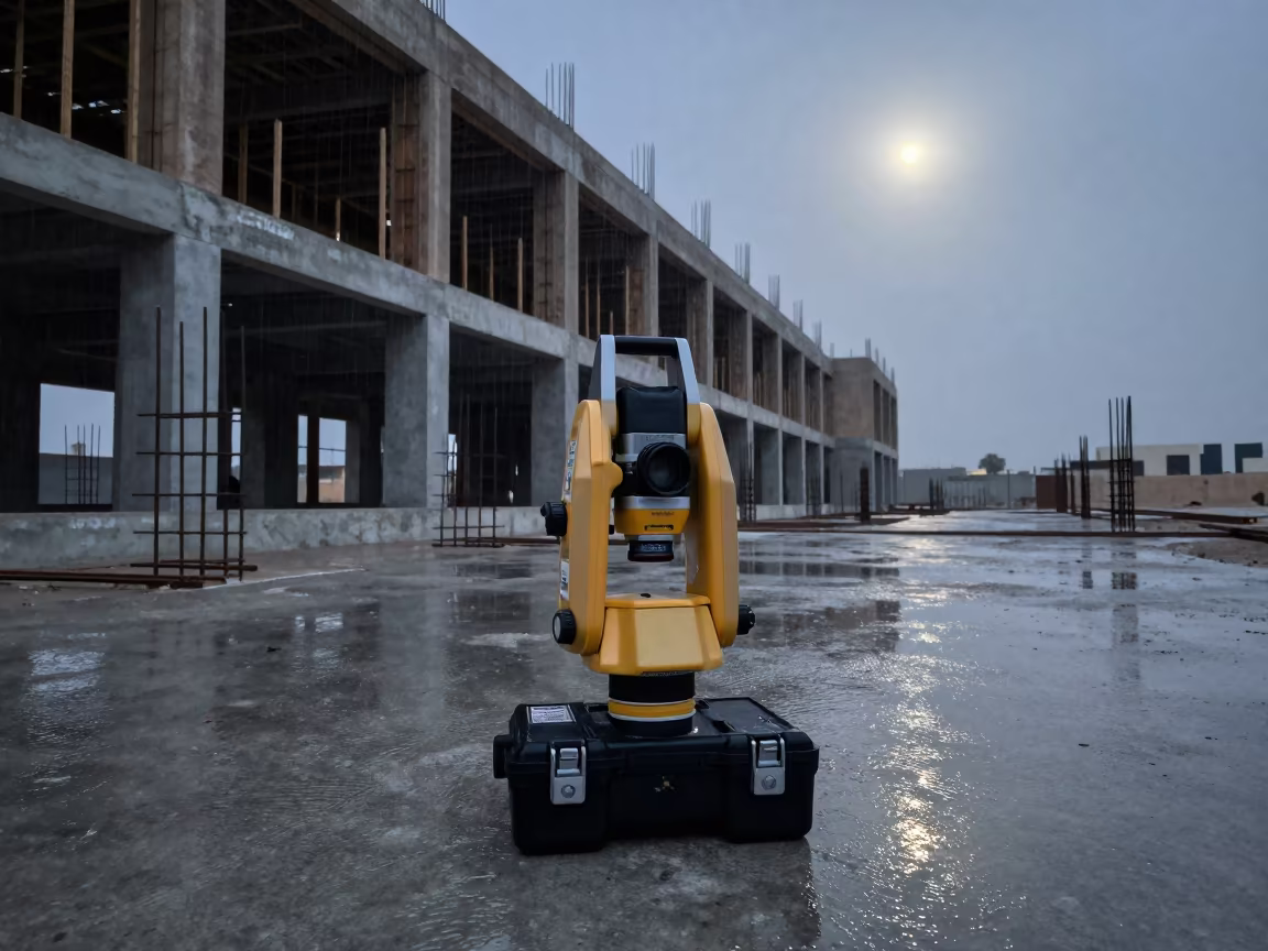 Survey Prism Case in Jeddah Monsoon Rain in beside a framed building shell in Jeddah
