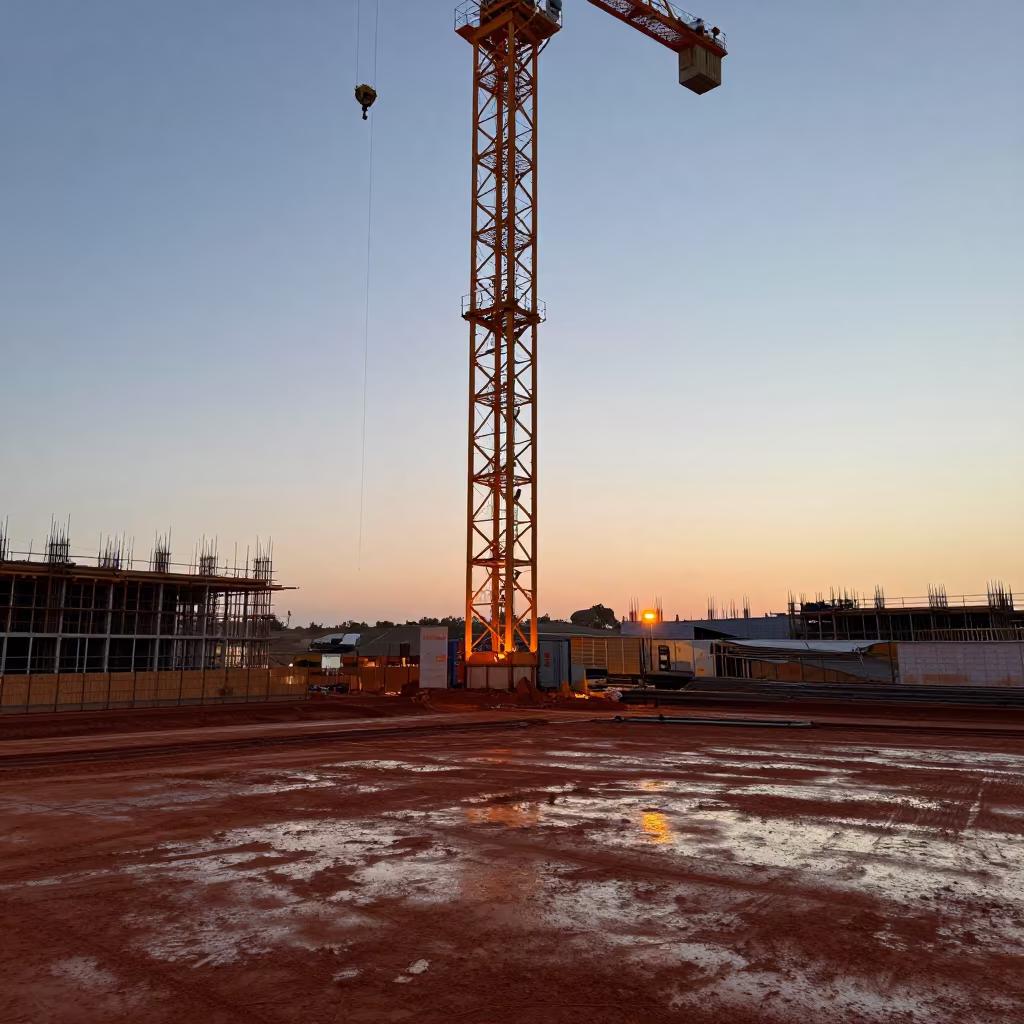 Survey Prism Case Under Tower Crane at Sunset in beneath a tower crane on open ground in Daşoguz