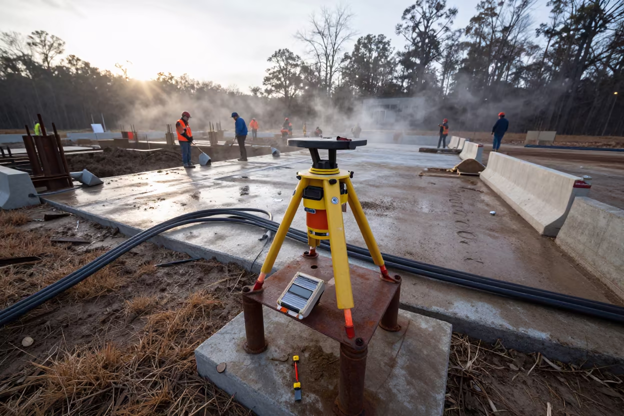 Survey Rover Charging Shelf Mud Site Dawn in at a muddy site access road in South Carolina